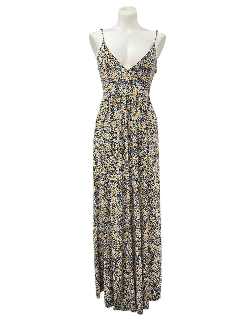 Michael Kors Yellow and Blue Floral Spaghetti-Strap Maxi Dress Size S